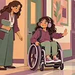 A wheelchair-using student signalling stop while an adult gives space in a school queue