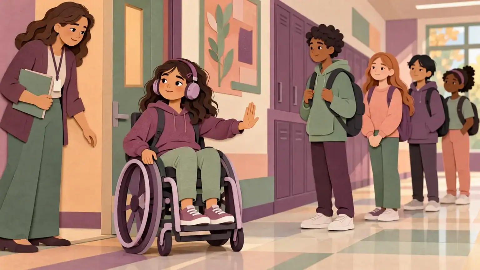 A wheelchair-using student signalling stop while an adult gives space in a school queue