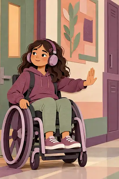 A wheelchair-using student signalling stop while an adult gives space in a school queue