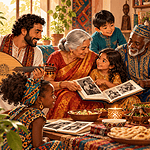 A multigenerational family sharing food music and family photographs