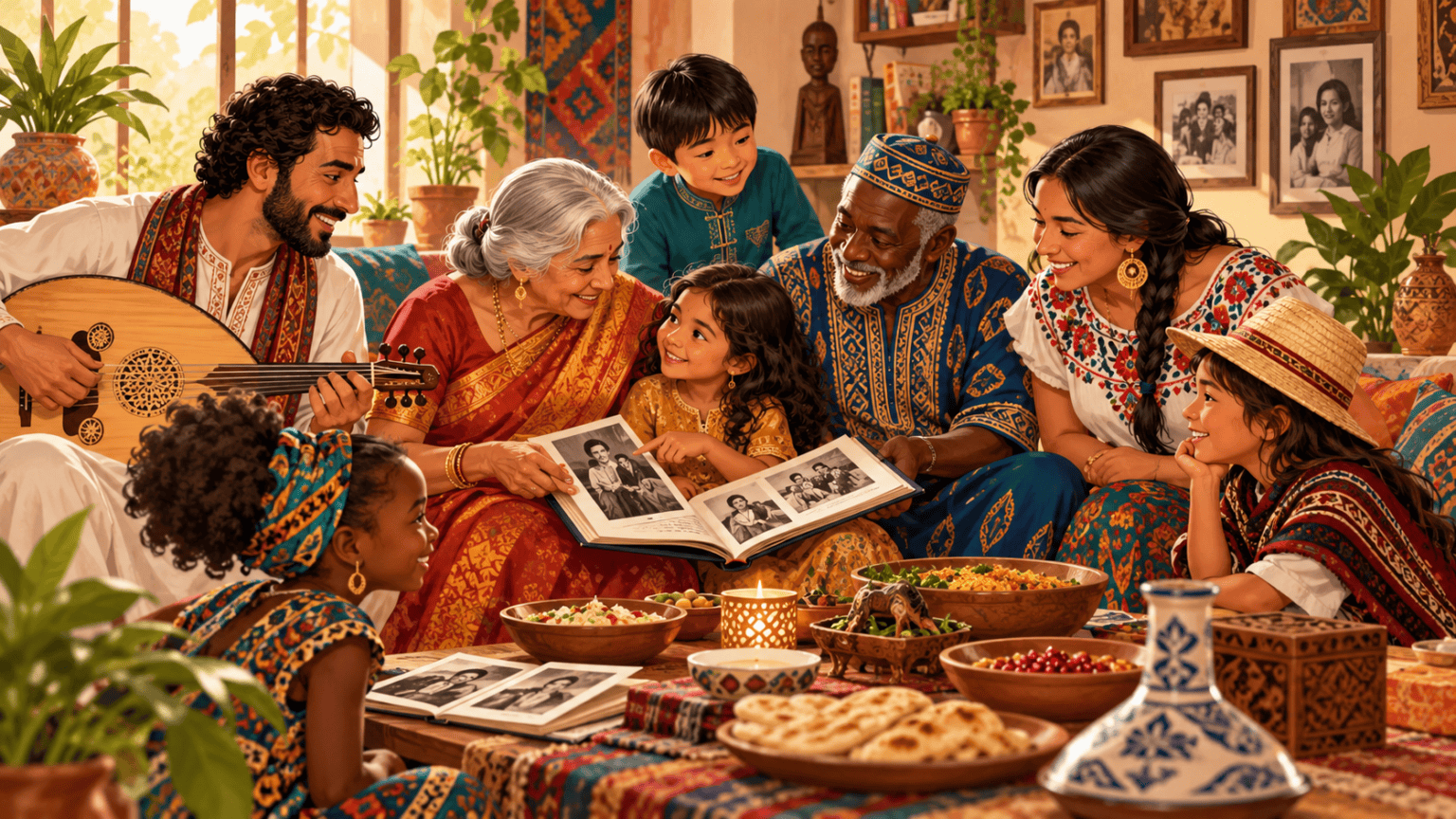 A multigenerational family sharing food music and family photographs