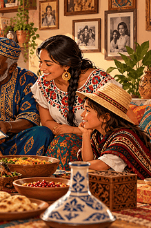 A multigenerational family sharing food music and family photographs