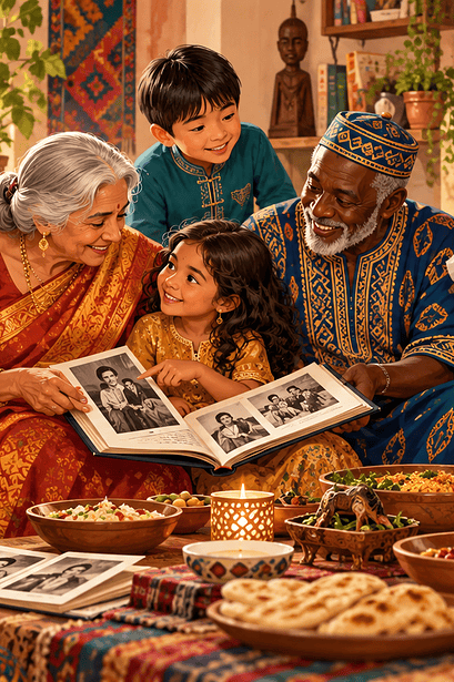 A multigenerational family sharing food music and family photographs