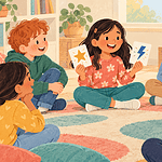 Children sharing playful picture cards during a group introduction game