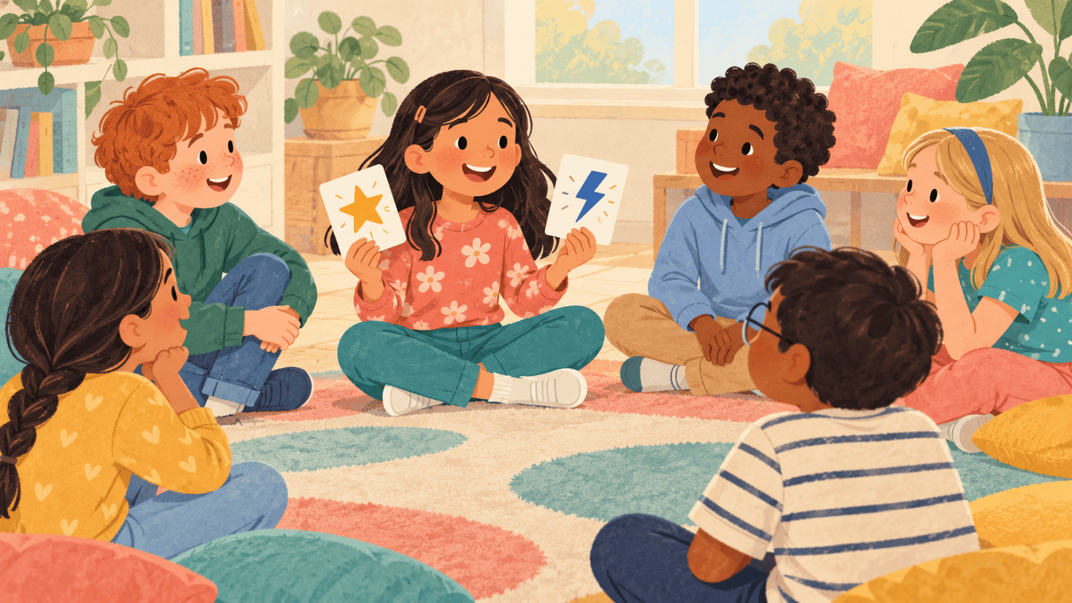 Children sharing playful picture cards during a group introduction game