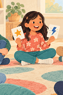 Children sharing playful picture cards during a group introduction game