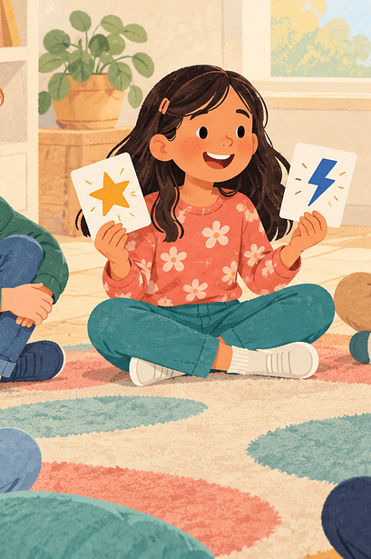 Children sharing playful picture cards during a group introduction game