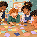 Children solving colorful name-card puzzles together