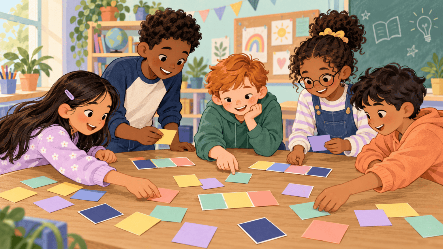 Children solving colorful name-card puzzles together