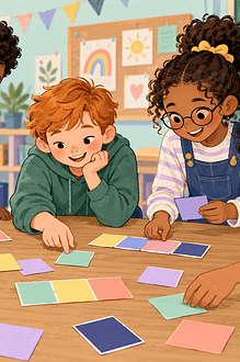 Children solving colorful name-card puzzles together