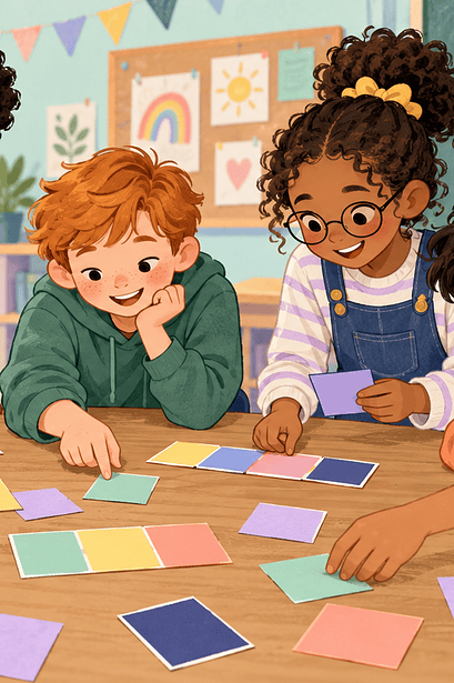 Children solving colorful name-card puzzles together