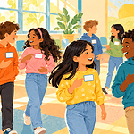 Children moving around a room with blank name badges during an icebreaker