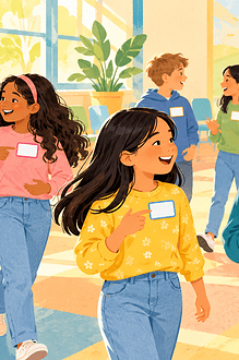 Children moving around a room with blank name badges during an icebreaker