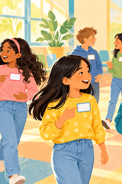 Children moving around a room with blank name badges during an icebreaker