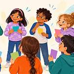 Children in a circle matching colorful cards to the right people