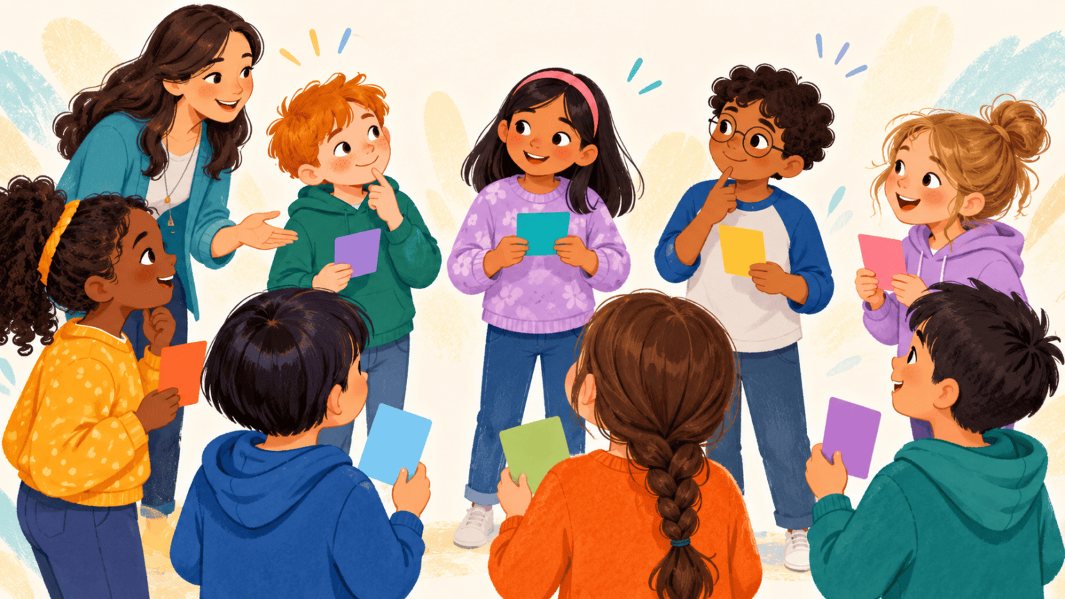 Children in a circle matching colorful cards to the right people