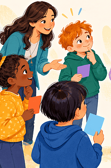 Children in a circle matching colorful cards to the right people