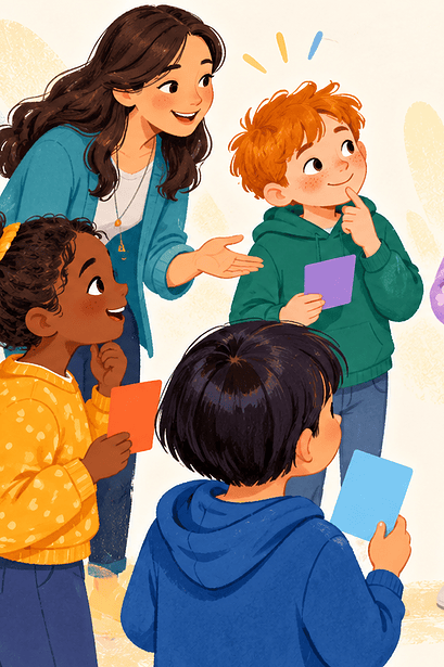 Children in a circle matching colorful cards to the right people