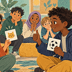Two children introducing themselves with gestures and picture cards