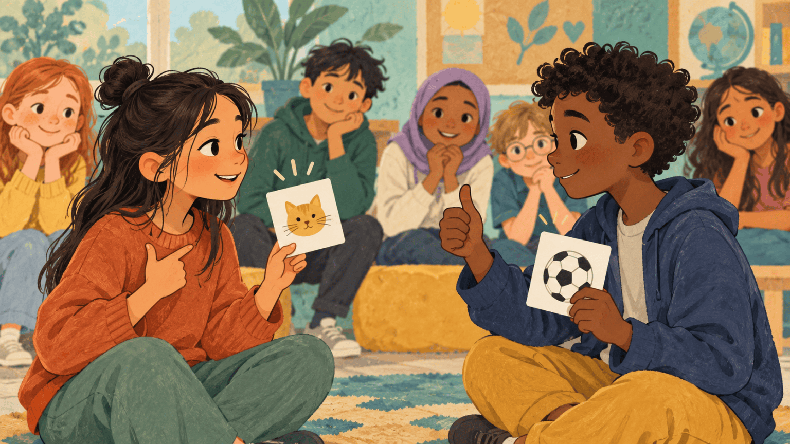 Two children introducing themselves with gestures and picture cards