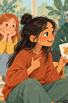 Two children introducing themselves with gestures and picture cards