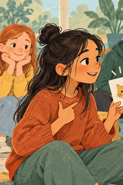 Two children introducing themselves with gestures and picture cards