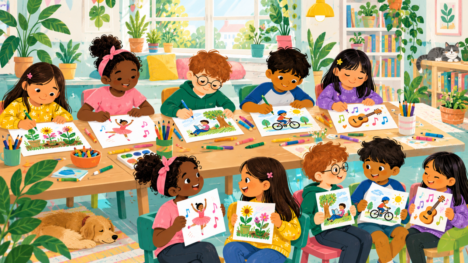 Children drawing and sharing pictures of activities they enjoy