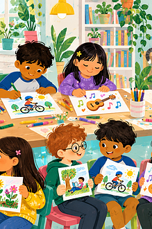 Children drawing and sharing pictures of activities they enjoy