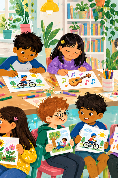 Children drawing and sharing pictures of activities they enjoy