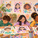 Children making self-portraits surrounded by symbols of their interests and strengths