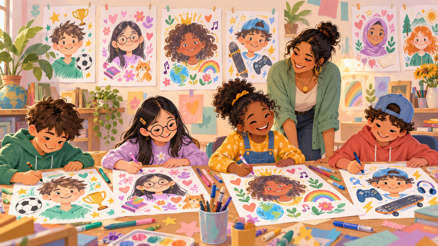 Children making self-portraits surrounded by symbols of their interests and strengths