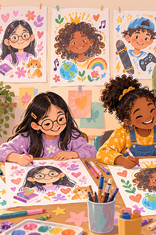 Children making self-portraits surrounded by symbols of their interests and strengths