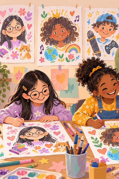 Children making self-portraits surrounded by symbols of their interests and strengths