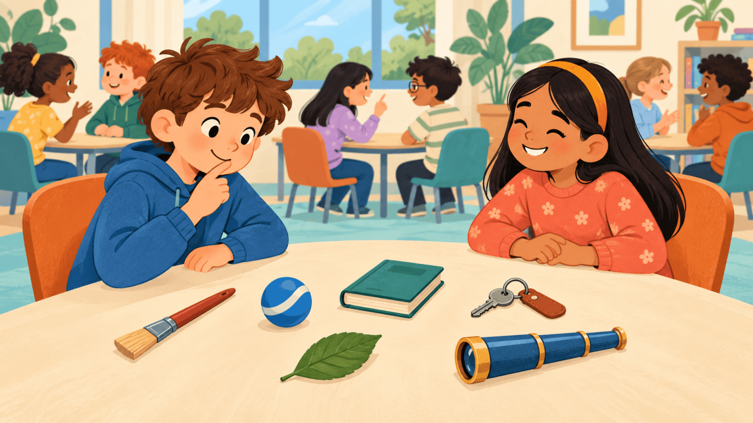 Two children using six everyday objects as clues in a partner game