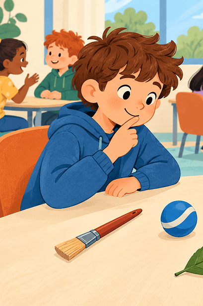 Two children using six everyday objects as clues in a partner game