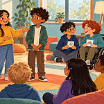 A child warmly introducing a partner to a seated group