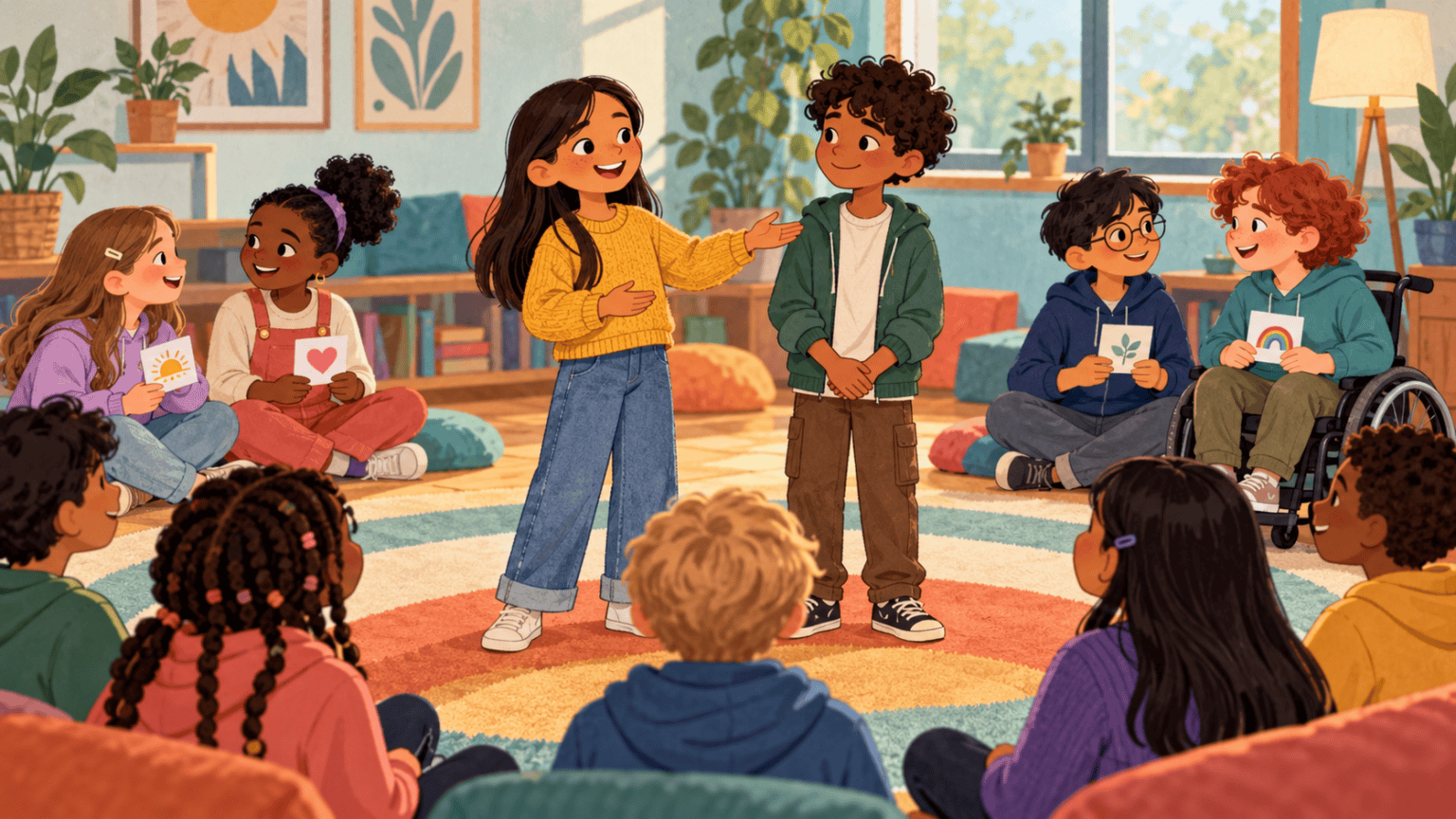 A child warmly introducing a partner to a seated group
