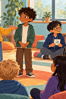 A child warmly introducing a partner to a seated group