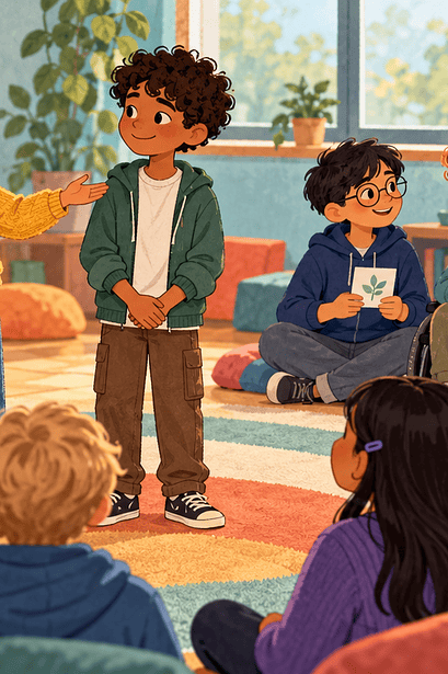 A child warmly introducing a partner to a seated group