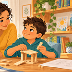 A parent supporting a child who is learning to build a wooden model