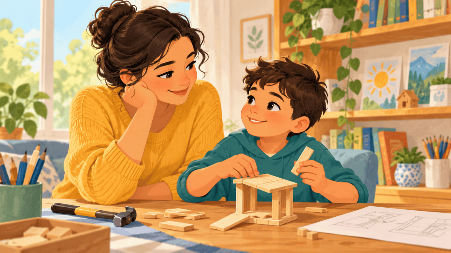 A parent supporting a child who is learning to build a wooden model