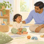 Illustration of a calm caregiver near an upset toddler seated safely on the floor, parent offering space and a comforting hand without restraining