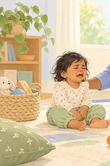 Illustration of a calm caregiver near an upset toddler seated safely on the floor, parent offering space and a comforting hand without restraining