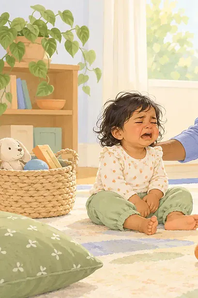 Illustration of a calm caregiver near an upset toddler seated safely on the floor, parent offering space and a comforting hand without restraining
