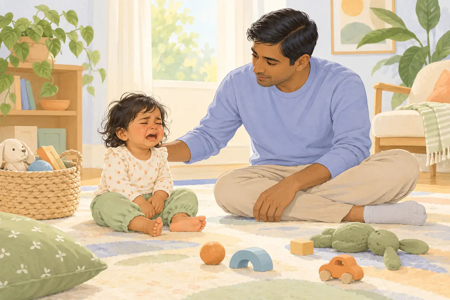 Illustration of a calm caregiver near an upset toddler seated safely on the floor, parent offering space and a comforting hand without restraining