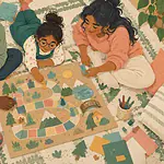 Illustration of a child and two caregivers making a cardboard family board game on a rug, relaxed time together, overhead composition, no devices