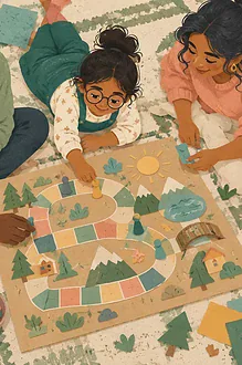 Illustration of a child and two caregivers making a cardboard family board game on a rug, relaxed time together, overhead composition, no devices