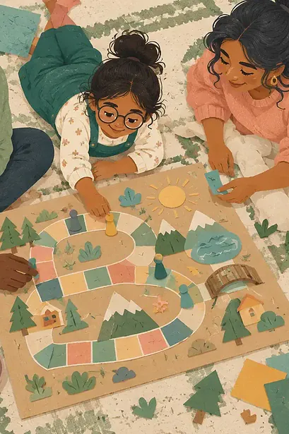 Illustration of a child and two caregivers making a cardboard family board game on a rug, relaxed time together, overhead composition, no devices