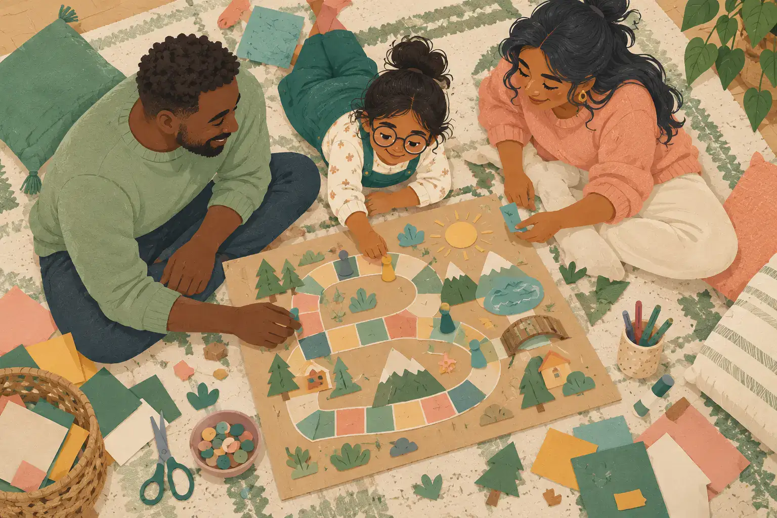 Illustration of a child and two caregivers making a cardboard family board game on a rug, relaxed time together, overhead composition, no devices