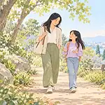 Illustration of a mother and school-age child walking side by side on a leafy path, talking warmly, parent keeping supportive role